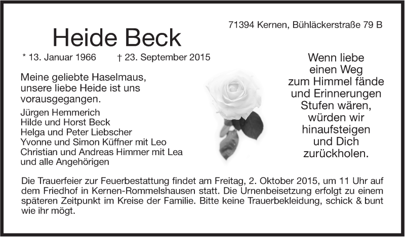  Traueranzeige für Heide Beck vom 30.09.2015 aus Stuttgarter Zeitung / Stuttgarter Nachrichten
