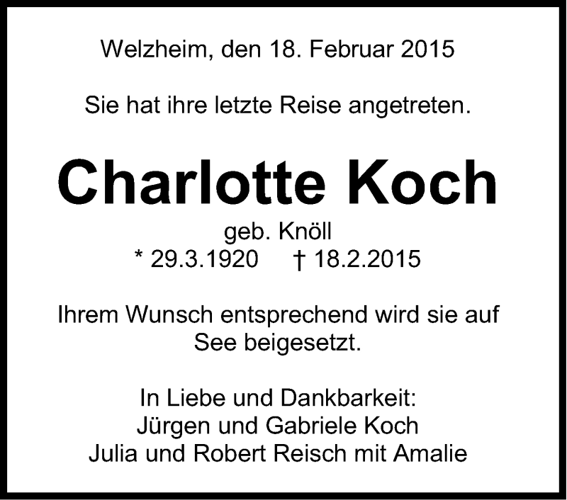  Traueranzeige für Charlotte Koch vom 24.02.2015 aus Stuttgarter Zeitung / Stuttgarter Nachrichten