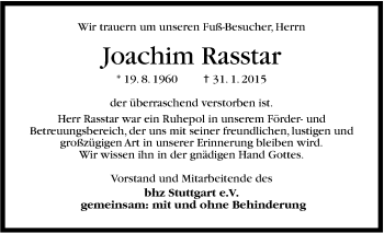 Traueranzeige von Yoachim Rasstar von Stuttgarter Zeitung / Stuttgarter Nachrichten