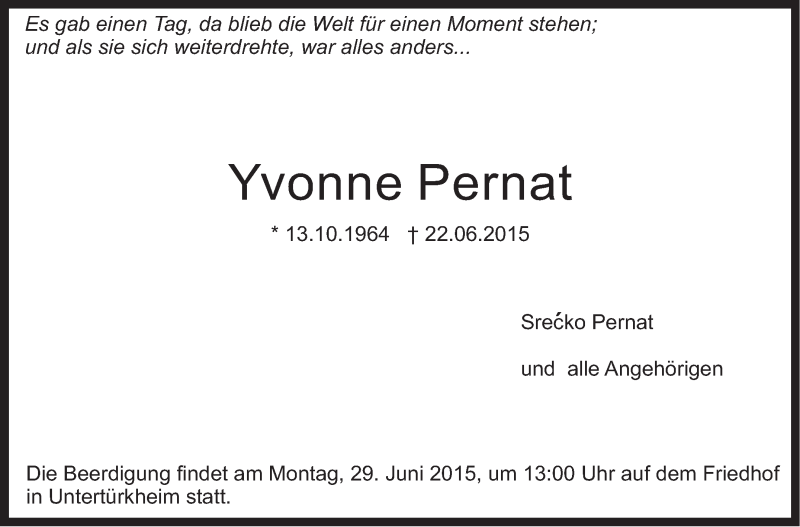  Traueranzeige für Yvonne Pernat vom 24.06.2015 aus Stuttgarter Zeitung / Stuttgarter Nachrichten