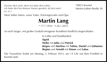 Traueranzeige von Martin Lang von Stuttgarter Zeitung / Stuttgarter Nachrichten