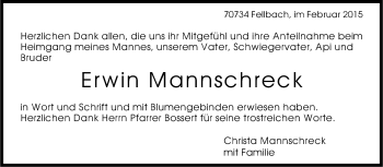 Traueranzeige von Erwin Mannschreck von Stuttgarter Zeitung / Stuttgarter Nachrichten