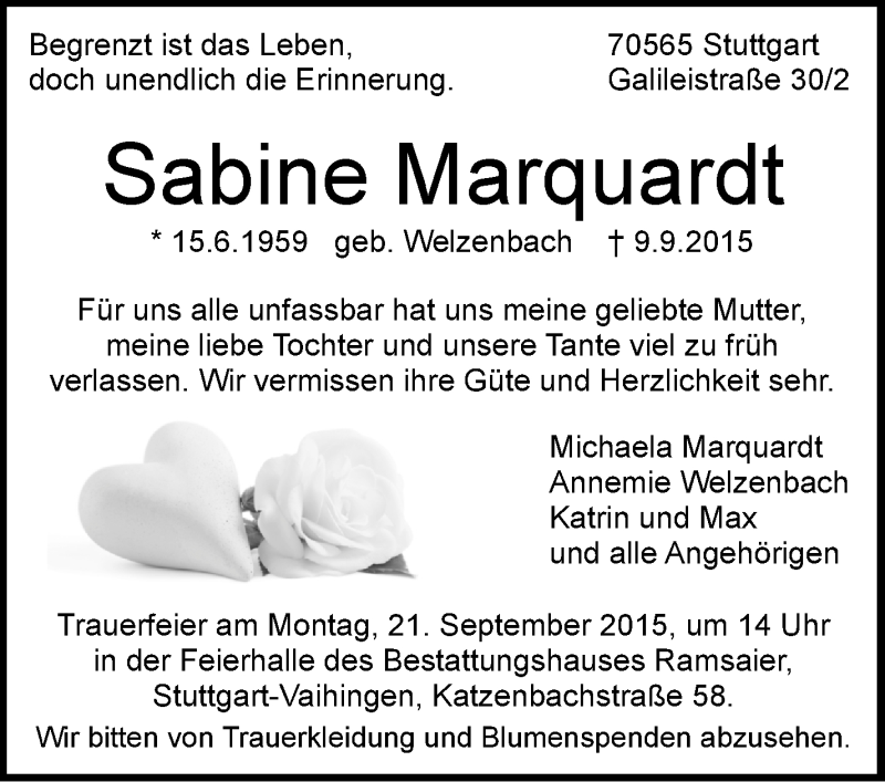  Traueranzeige für Sabine Marquardt vom 14.09.2015 aus Stuttgarter Zeitung / Stuttgarter Nachrichten