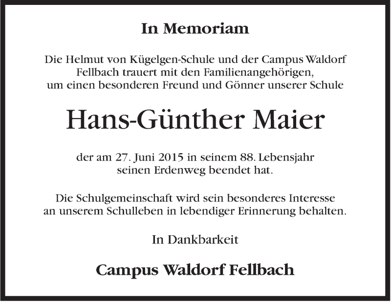  Traueranzeige für Hans-Günther Maier vom 02.07.2015 aus Stuttgarter Zeitung / Stuttgarter Nachrichten