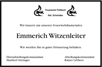 Traueranzeige von Emmerich Witzenleiter von Stuttgarter Zeitung / Stuttgarter Nachrichten