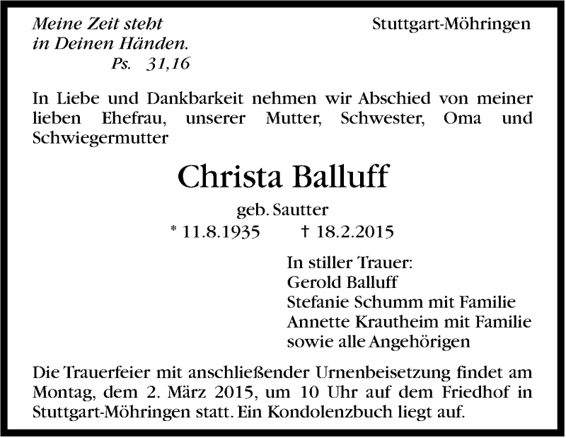  Traueranzeige für Christa Balluff vom 24.02.2015 aus Stuttgarter Zeitung / Stuttgarter Nachrichten