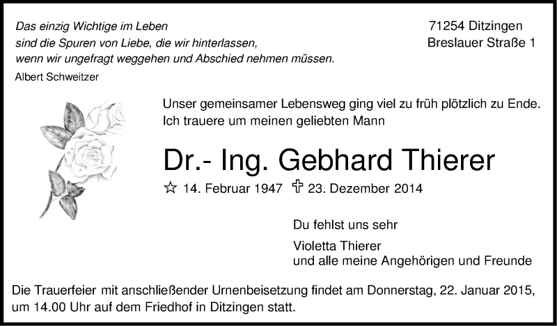  Traueranzeige für Gebhard Thierer vom 17.01.2015 aus Stuttgarter Zeitung / Stuttgarter Nachrichten