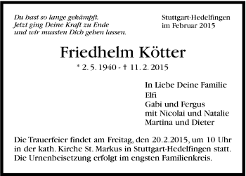 Traueranzeige von Friedhelm Kötter von Stuttgarter Zeitung / Stuttgarter Nachrichten
