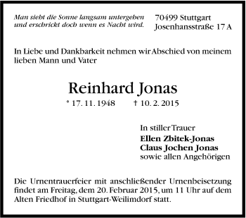 Traueranzeige von Reinhard Jonas von Stuttgarter Zeitung / Stuttgarter Nachrichten