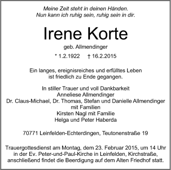Traueranzeige von Irene Korte von Stuttgarter Zeitung / Stuttgarter Nachrichten