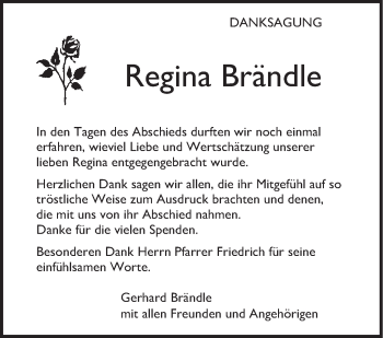 Traueranzeige von Regina Brändle von Stuttgarter Zeitung / Stuttgarter Nachrichten