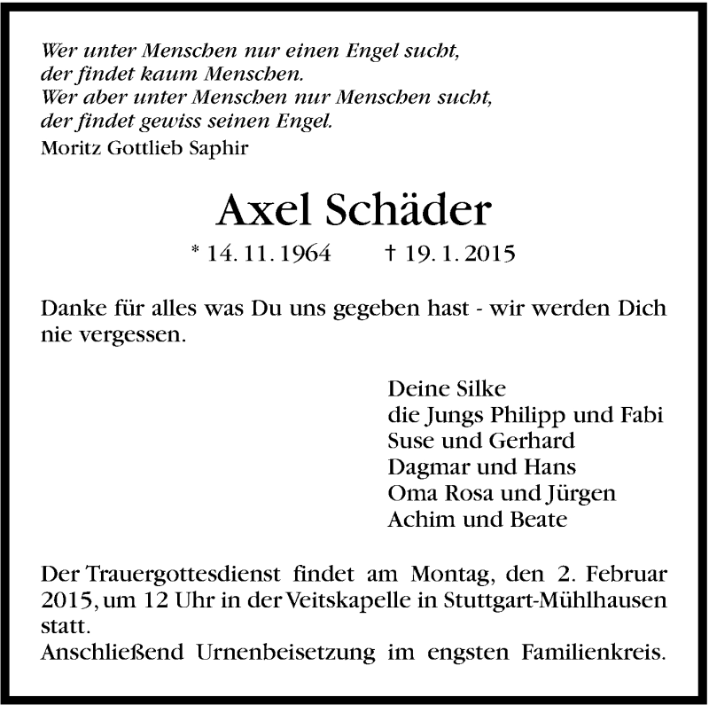  Traueranzeige für Axel Schäder vom 24.01.2015 aus Stuttgarter Zeitung / Stuttgarter Nachrichten