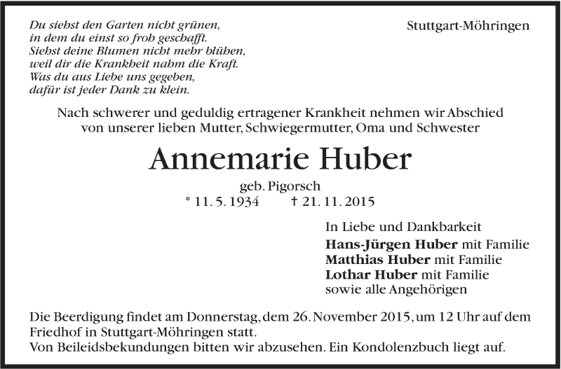  Traueranzeige für Annemarie Huber vom 24.11.2015 aus Stuttgarter Zeitung / Stuttgarter Nachrichten