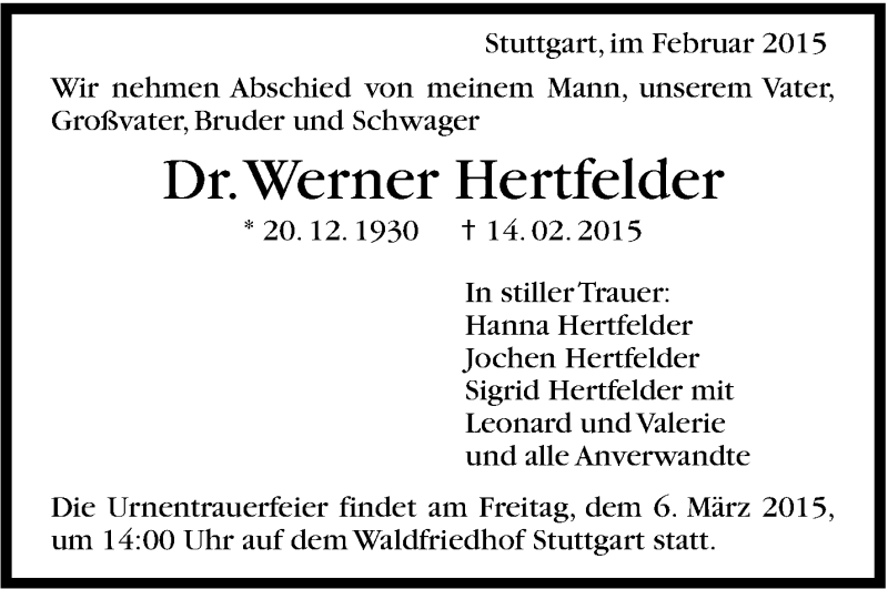  Traueranzeige für Werner Hertfelder vom 26.02.2015 aus Stuttgarter Zeitung / Stuttgarter Nachrichten