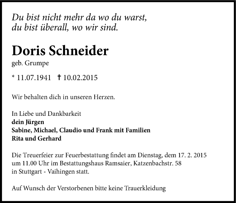  Traueranzeige für Doris Schneider vom 13.02.2015 aus Stuttgarter Zeitung / Stuttgarter Nachrichten