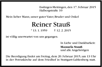 Traueranzeige von Reiner Stauß von Stuttgarter Zeitung / Stuttgarter Nachrichten