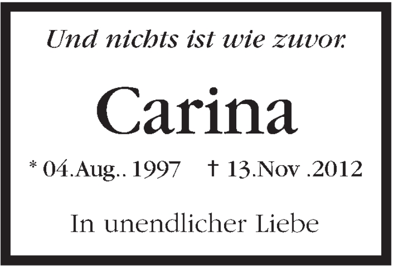  Traueranzeige für Carina  vom 13.11.2015 aus Stuttgarter Zeitung
