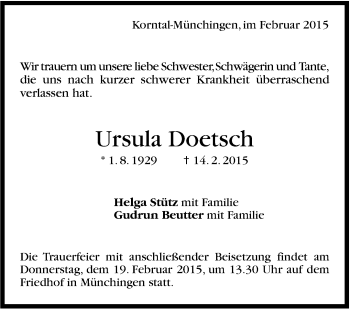 Traueranzeige von Ursula Doetsch von Stuttgarter Zeitung / Stuttgarter Nachrichten