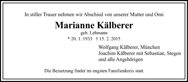 Traueranzeige für Marianne Kälberer vom 20.02.2015 aus Stuttgarter Zeitung / Stuttgarter Nachrichten
