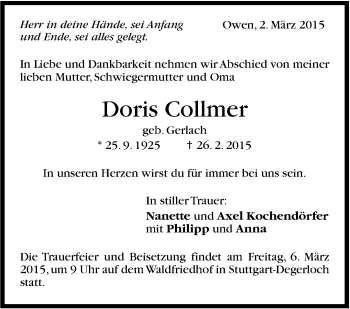 Traueranzeige von Doris Collmer von Stuttgarter Zeitung / Stuttgarter Nachrichten