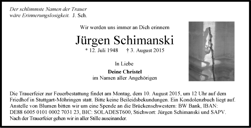  Traueranzeige für Jürgen Schimanski vom 05.08.2015 aus Stuttgarter Zeitung / Stuttgarter Nachrichten