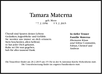 Traueranzeige von Tamara Materna von Stuttgarter Zeitung / Stuttgarter Nachrichten