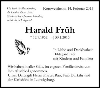 Traueranzeige von Harald Früh von Stuttgarter Zeitung / Stuttgarter Nachrichten