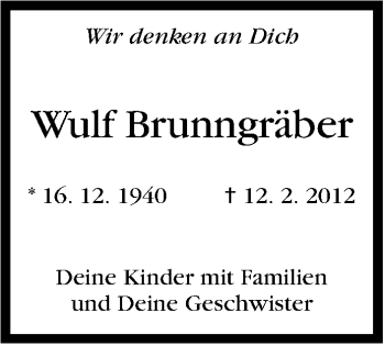 Traueranzeige von Wulf Brunngräber von Stuttgarter Zeitung / Stuttgarter Nachrichten
