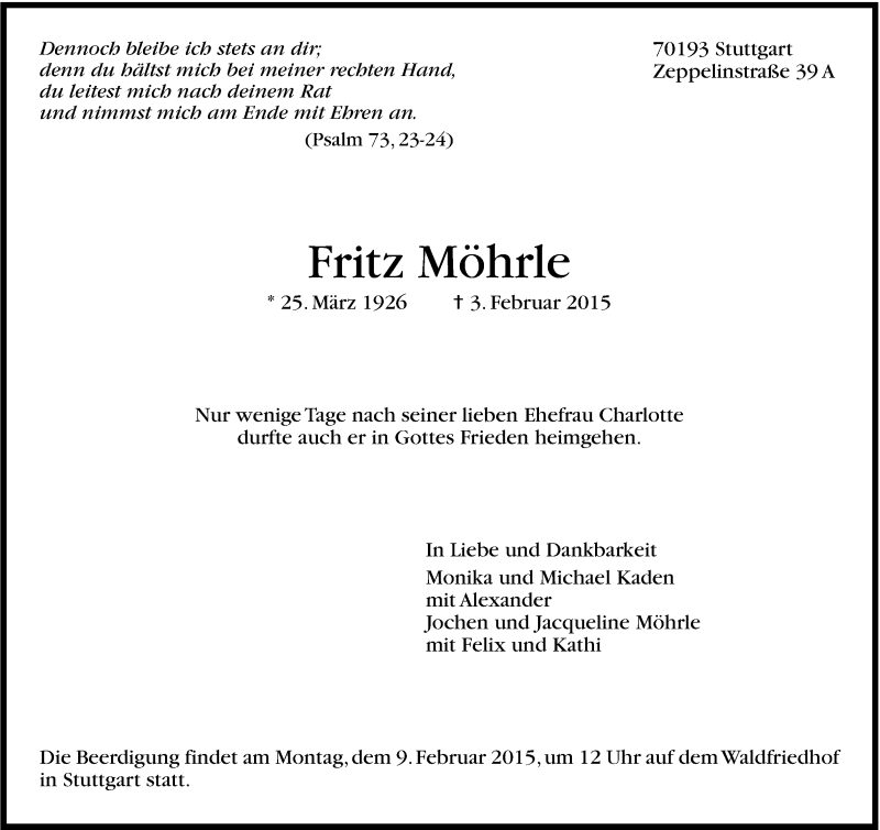  Traueranzeige für Fritz Möhrle vom 07.02.2015 aus Stuttgarter Zeitung / Stuttgarter Nachrichten