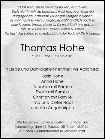Traueranzeige von Thomas Hohe von Stuttgarter Zeitung / Stuttgarter Nachrichten