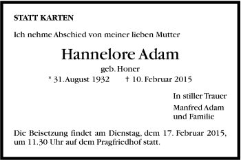Traueranzeige von Hannelore Adam von Stuttgarter Zeitung / Stuttgarter Nachrichten