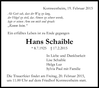 Traueranzeige von Hans Schaible von Stuttgarter Zeitung / Stuttgarter Nachrichten