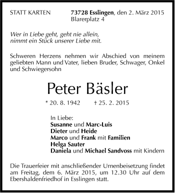 Traueranzeige von Peter Bäsler von Stuttgarter Zeitung / Stuttgarter Nachrichten
