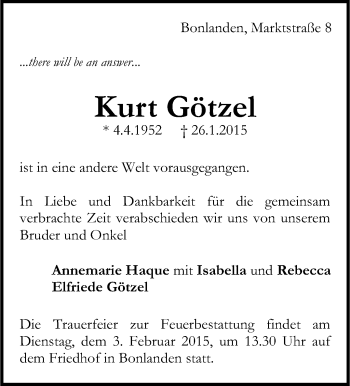 Traueranzeige von Kurt Götzel von Stuttgarter Zeitung / Stuttgarter Nachrichten