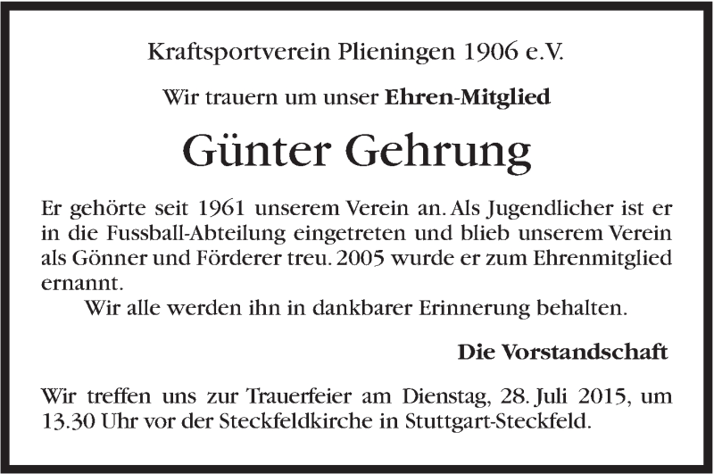  Traueranzeige für Günter Gehrung vom 27.07.2015 aus Stuttgarter Zeitung / Stuttgarter Nachrichten