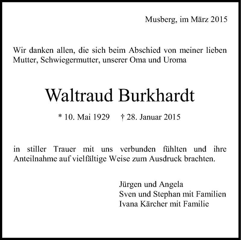  Traueranzeige für Waltraud Burkhardt vom 06.03.2015 aus Stuttgarter Zeitung / Stuttgarter Nachrichten