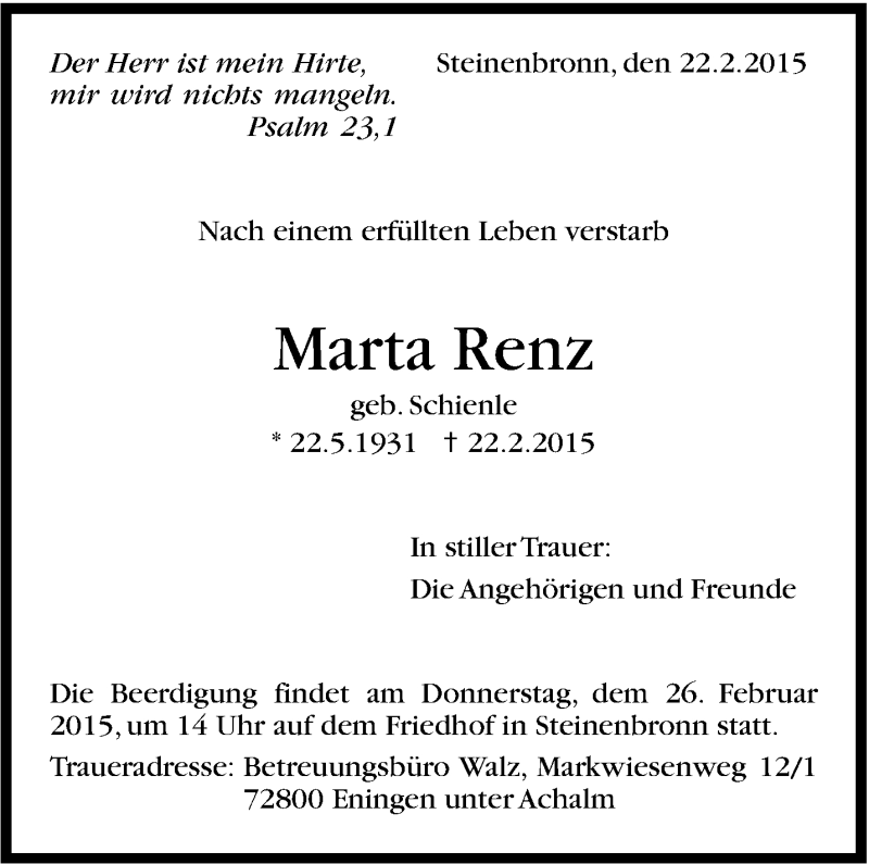  Traueranzeige für Marta Renz vom 24.02.2015 aus Stuttgarter Zeitung / Stuttgarter Nachrichten