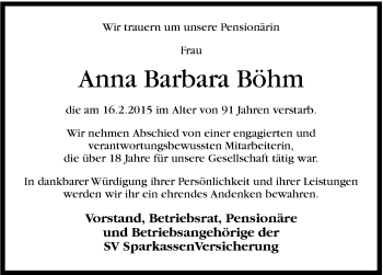 Traueranzeige von Anna Barbara Böhm von Stuttgarter Zeitung / Stuttgarter Nachrichten