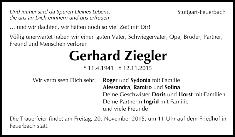  Traueranzeige für Gerhard Ziegler vom 18.11.2015 aus Stuttgarter Zeitung / Stuttgarter Nachrichten