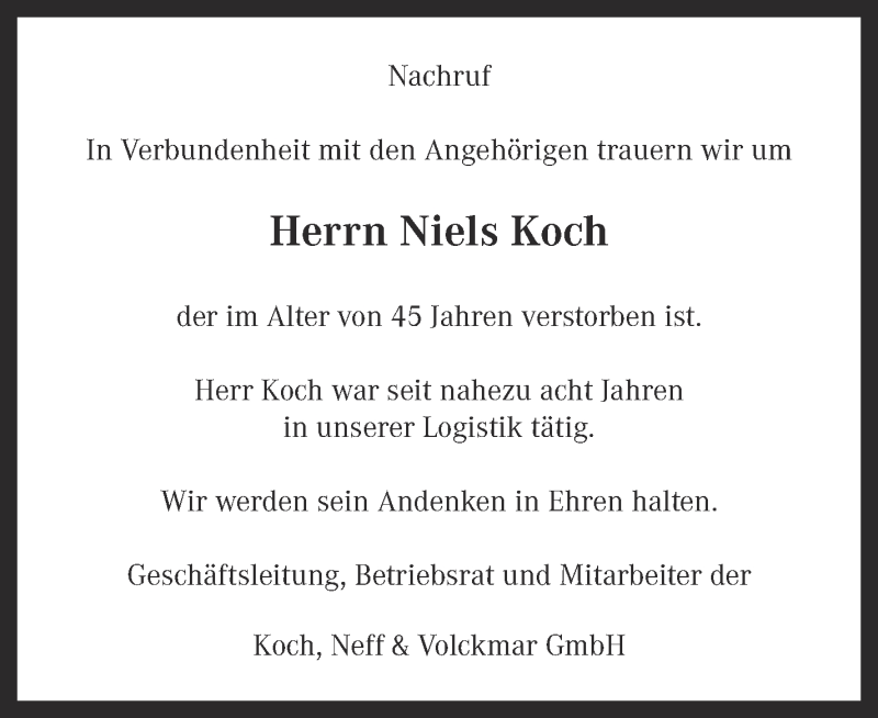  Traueranzeige für Niels Koch vom 27.07.2015 aus Stuttgarter Zeitung / Stuttgarter Nachrichten