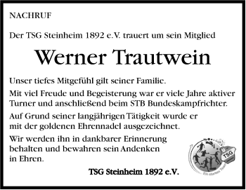 Traueranzeige von Werner Trautwein von Stuttgarter Zeitung / Stuttgarter Nachrichten
