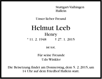 Traueranzeige von Helmut Leeb von Stuttgarter Zeitung / Stuttgarter Nachrichten