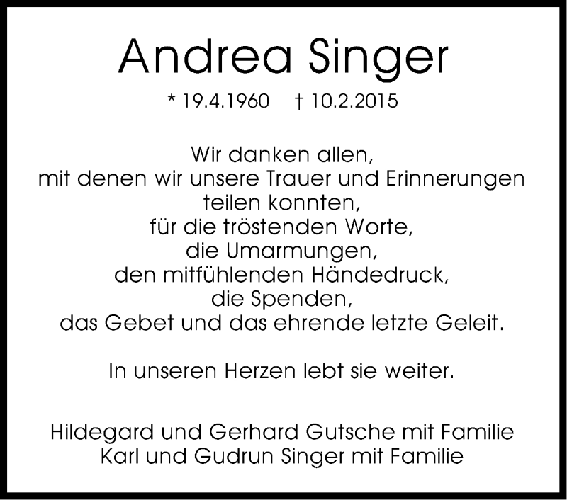  Traueranzeige für Andrea Singer vom 26.02.2015 aus Stuttgarter Zeitung / Stuttgarter Nachrichten