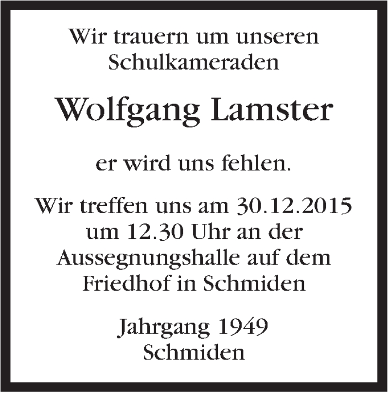  Traueranzeige für Wolfgang Lamster vom 28.12.2015 aus Stuttgarter Zeitung / Stuttgarter Nachrichten