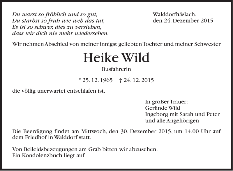  Traueranzeige für Heike Wild vom 28.12.2015 aus Stuttgarter Zeitung / Stuttgarter Nachrichten