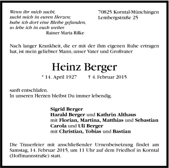 Traueranzeige von Heinz Berger von Stuttgarter Zeitung / Stuttgarter Nachrichten