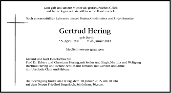 Traueranzeige von Gertrud Hering von Stuttgarter Zeitung / Stuttgarter Nachrichten