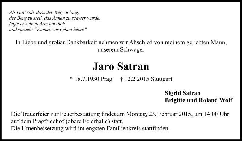  Traueranzeige für Jaro Satran vom 18.02.2015 aus Stuttgarter Zeitung / Stuttgarter Nachrichten