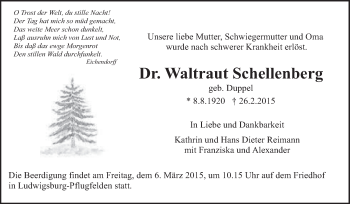 Traueranzeige von Waltraut Schellenberg von Stuttgarter Zeitung / Stuttgarter Nachrichten