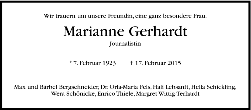  Traueranzeige für Marianne Gerhardt vom 21.02.2015 aus Stuttgarter Zeitung / Stuttgarter Nachrichten